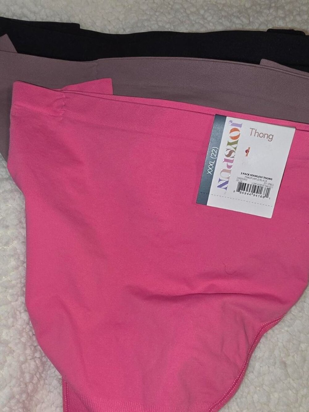 Joyspun  3 pk thong underwear bundle in pink, black, and mauve.